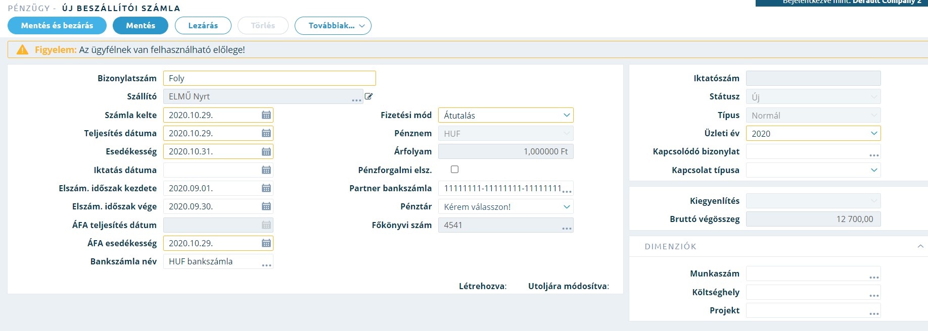 Smartfront ÁFD 5.12 > Beszállítói számla rögzítés: folyamatos teljesítés > Folyamatos teljesítésű beszállítói számla fejadat.jpg