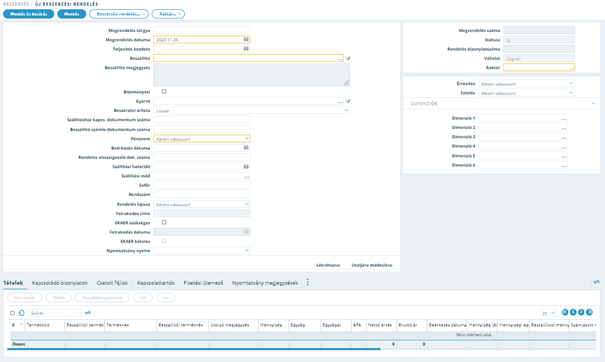 Smartfront ÁFD 5.19 > Beszerzési rendelés > image2020-11-26_10-1-42.png (Beszerzési rendelés rögzítő képernyő) Beszerzési rendelés rögzítő képernyő